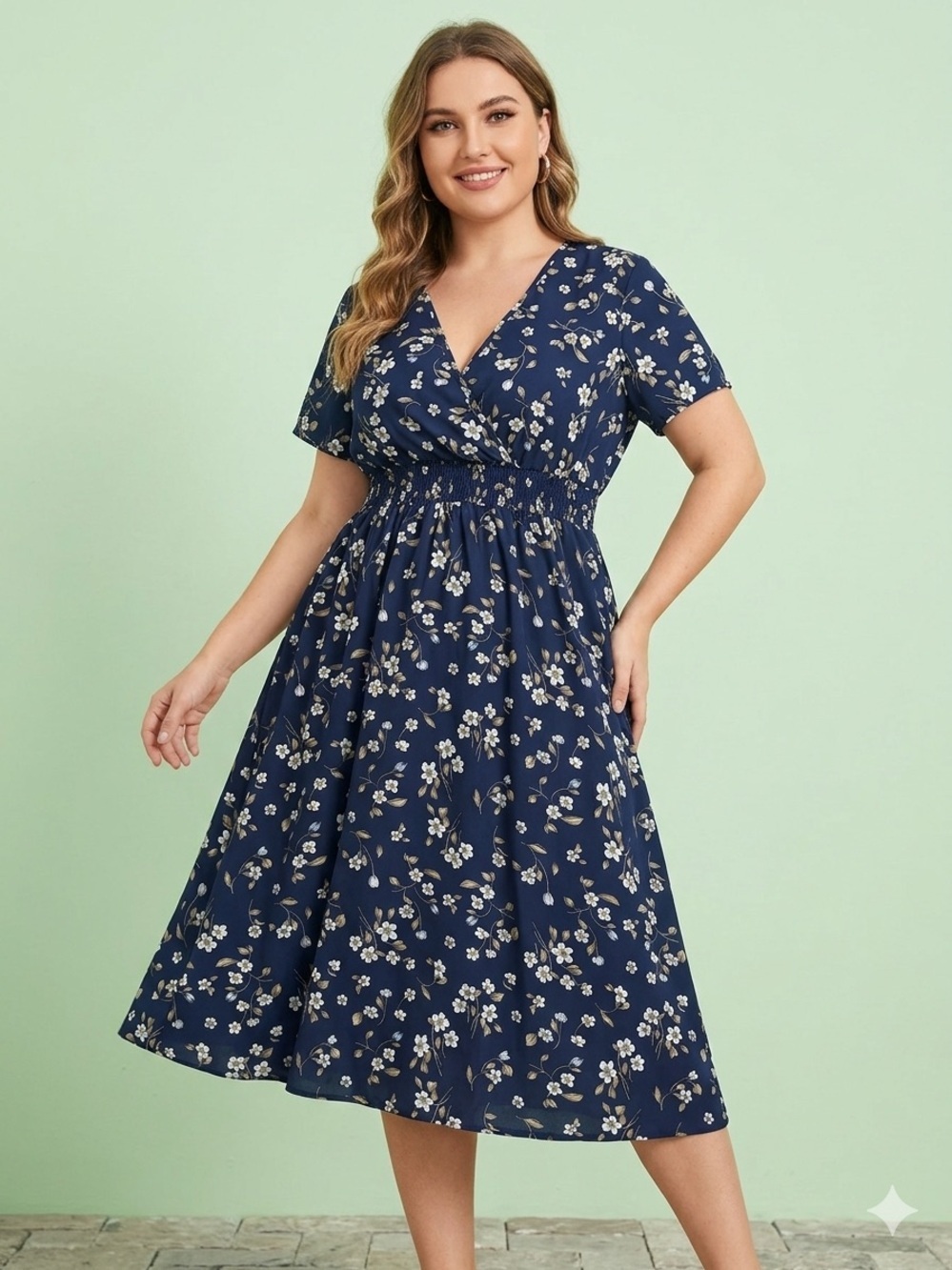 SHEIN Navy Floral V-Neck Smocked Midi Dress XL, feminine, wedding